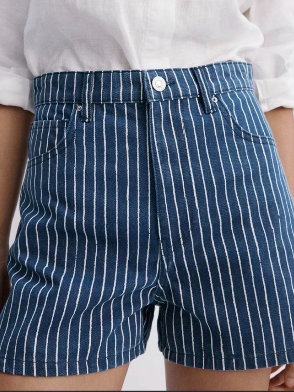 Mango Striped High-Rise Denim Shorts - Blue